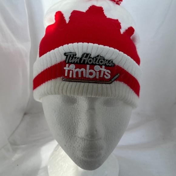 Tim Hortons Toque Sidney Crosby Pompom Beanie Red & White Winter Hat Maple Leaf - Picture 3 of 9